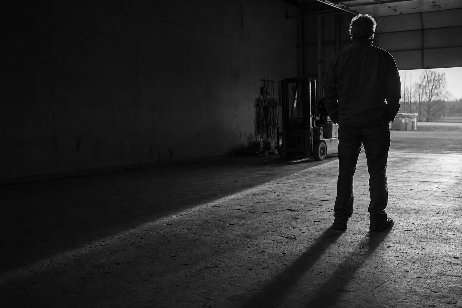 A specialty trade contractor stands in his shop at golden hour, seen from behind, looking across the floor.