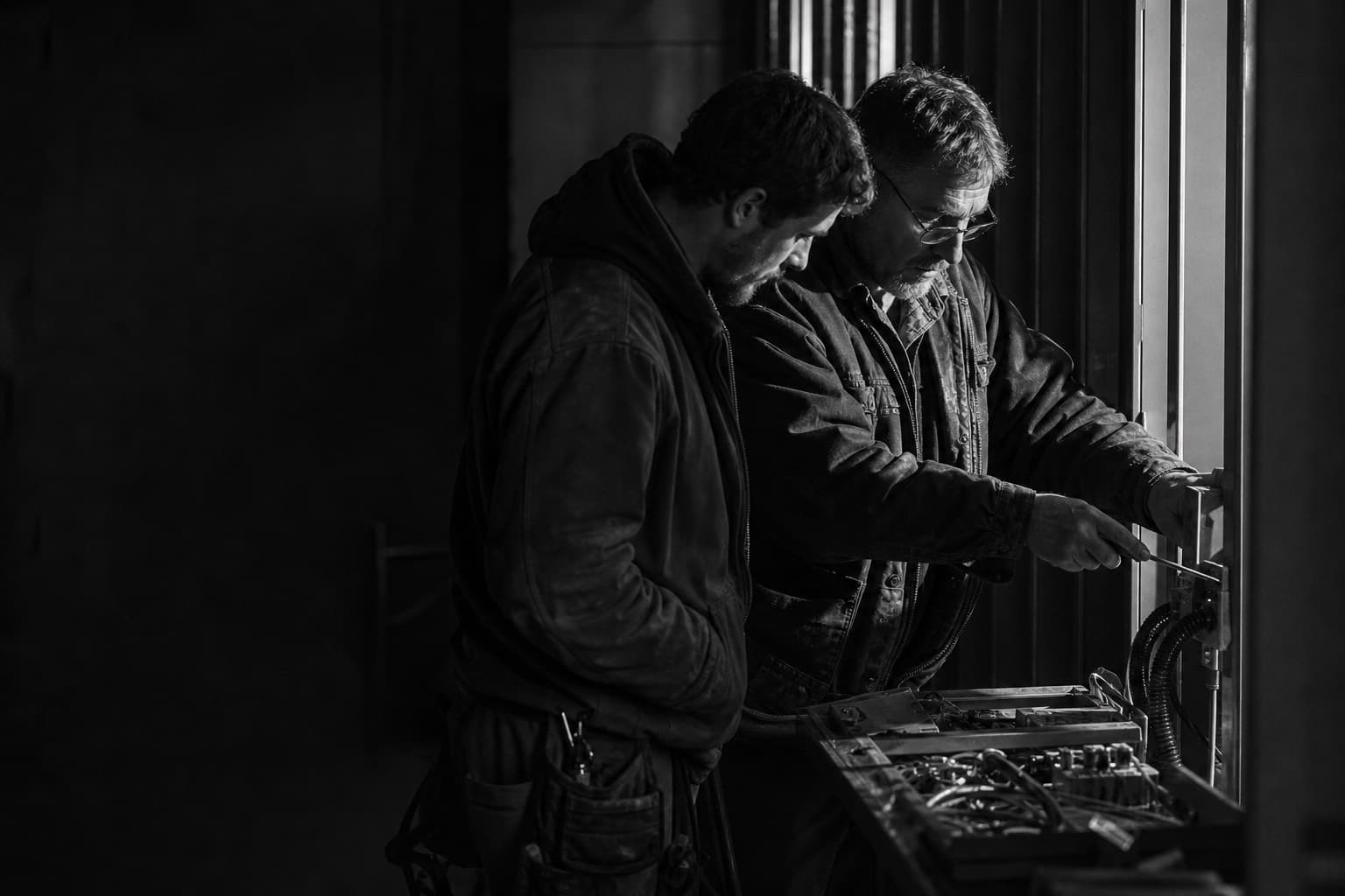 A foreman teaches a younger lead on site, the next layer of the company forming.