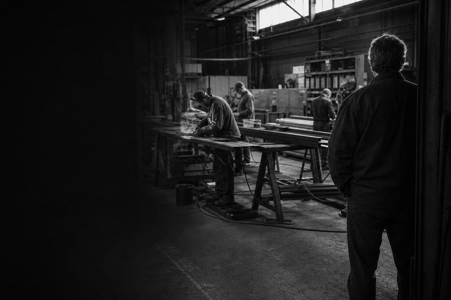 An owner stands at the edge of his shop, watching his crew run the job without him.
